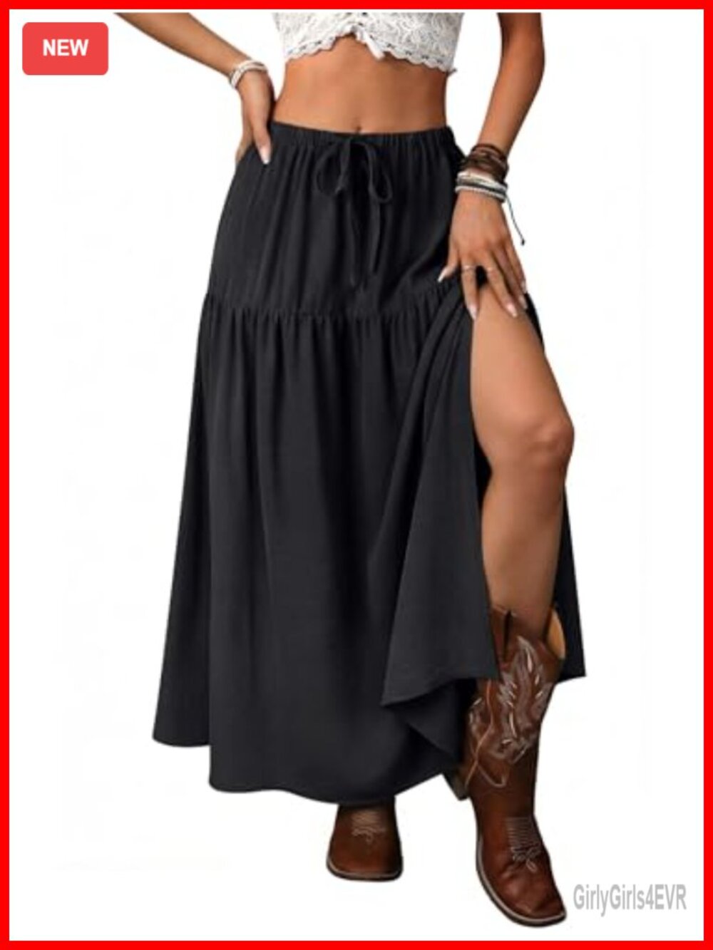 Boho Western Maxi Skirt with Slit, High Waist, A-Line, Ruffled Hem